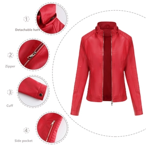 Detail view of red faux leather jacket featuring detachable hood and premium zipper pockets