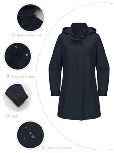 Vue détaillée de la veste imperméable bleu marine avec capuche amovible et tissu déperlant