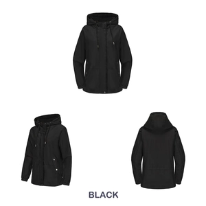 Three-way view of a black hooded windbreaker showing front, side and back details