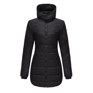 Detail view of the water-resistant black hooded parka showing quilted texture and stitching
