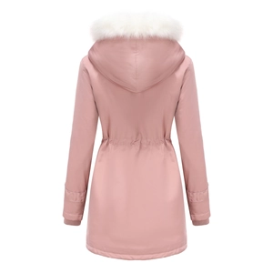 Pink parka jacket with thick white faux fur hood and drawstring waist, back view detail