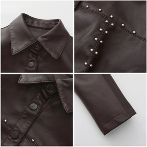 Detailed views of leather jacket featuring metallic studs, classic collar and button closure