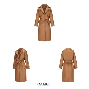 Drievoudige weergave van camel PU-leren trenchcoat met ceintuur en brede revers