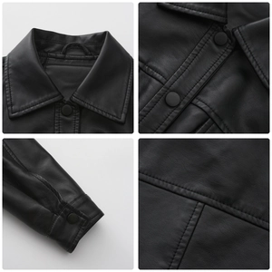Detailed views of the classic lapel, matte buttons, and cuffs of the black leather jacket