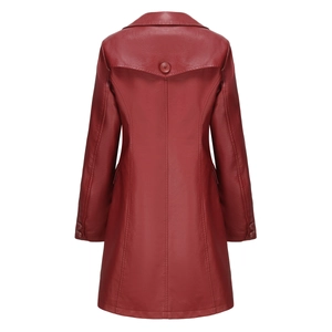 Detailed back view of a burgundy long faux leather trench coat with waist slimming cut