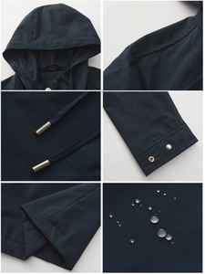 Detailed views of waterproof dark blue hooded jacket featuring metal drawstring and snap cuffs
