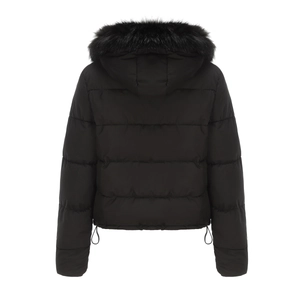 Rear view of black padded winter coat featuring a fluffy faux fur hood and quilted design