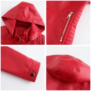 Detailed views of red faux leather jacket showing hood, silver zippers and quilted seams