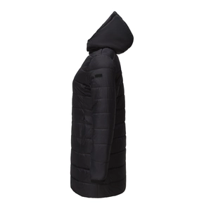 Side view of black hooded quilted puffer coat with detachable hood and zip pockets