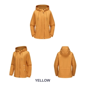 Three-view layout of a yellow windbreaker showing the hood and utility pockets in detail