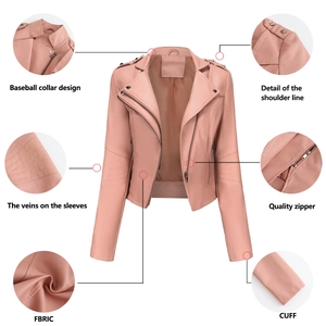 Detailed views of pink faux leather jacket featuring metal zippers and rivet accents