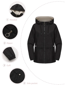 Detail view of hooded windbreaker featuring metal zipper, elastic cuffs and side pockets