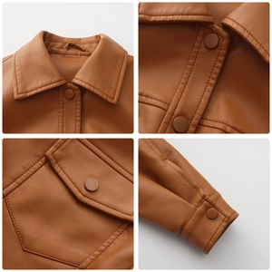 Detail view of brown leather jacket collar, snap buttons, flap pockets and stitching