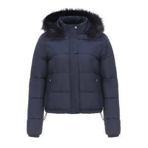 Detail view of the navy blue winter jacket featuring a plush black faux fur collar hood