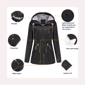 Detail view of waterproof black hooded jacket with striped lining and adjustable drawstring