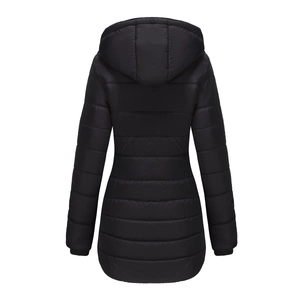 Back view of a black water-resistant padded parka jacket with a detachable hood