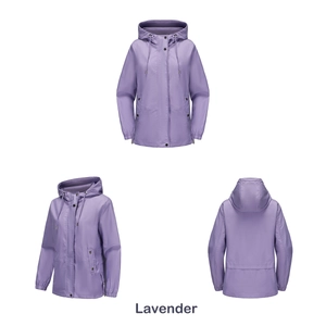 Three-view display of lavender hooded windbreaker featuring drawstring and elastic cuffs