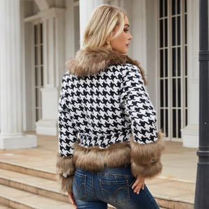 Women's houndstooth short jacket with luxurious brown faux fur collar and cuffs