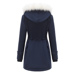 Detail of navy parka coat back featuring white faux fur collar and adjustable drawstring waist