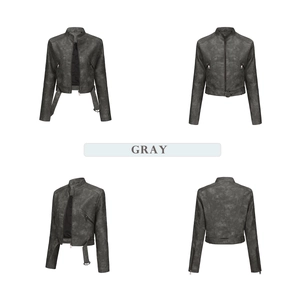 Vier Ansichten der grauen Kunstleder-Bikerjacke mit Gürtel und Reißverschlussdetails