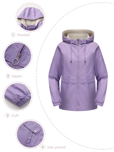 Detail view of purple hooded windbreaker showing zipper, elastic cuffs and flap pockets