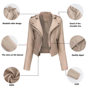 Detailed views of beige faux leather jacket featuring metal zippers and stitched sleeve texture