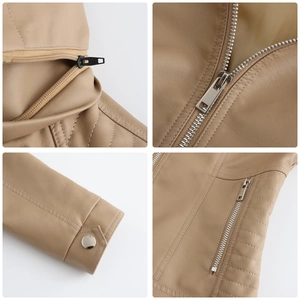 Detail shots of khaki PU leather jacket with metal zippers and quilted shoulder stitching