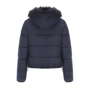 Rear view of women's short navy winter coat with detachable black faux fur hood trim