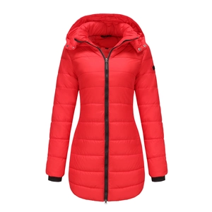 Detail of red water-repellent winter jacket featuring horizontal quilting and black zipper