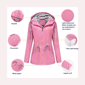 Detail view of pink waterproof trench coat with striped lining and metal zipper details