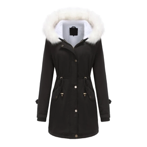 Detailed view of women's black winter parka with white faux fur hood and warm fleece lining