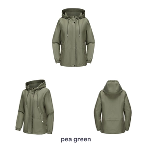 Multiple views of a pea green hooded windbreaker jacket with drawstring and flap pockets