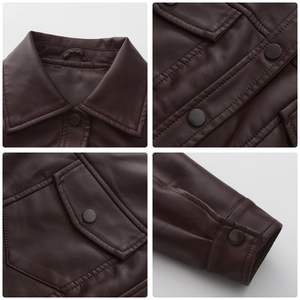 Detailed views of dark brown leather jacket featuring lapel collar and buttoned pockets
