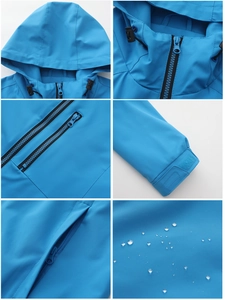 Detailansicht der wasserabweisenden blauen Kapuzenjacke mit Reißverschlüssen und Klettverschluss