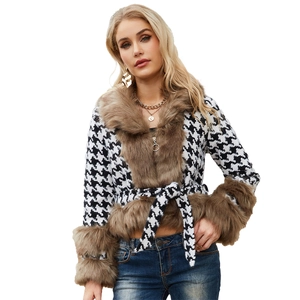 Women's houndstooth short jacket with plush faux fur collar and adjustable waist belt