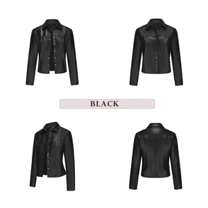 Front and back views of women's black leather jacket featuring silver rivet details