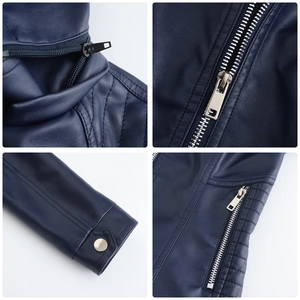 Detail view of navy PU leather jacket featuring detachable hood and premium metal zippers