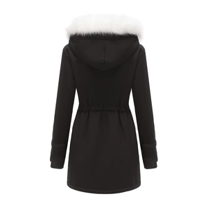 Back view of black winter parka for women with white faux fur hood and drawstring waist