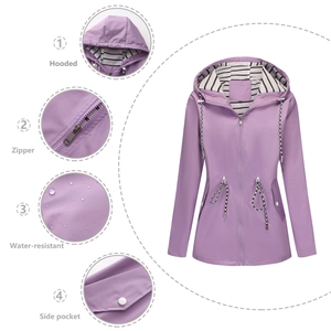 Detail view of water-resistant light purple hooded trench coat with stripe lining details