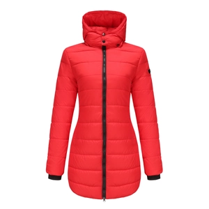 Detail of red water-resistant parka featuring windproof ribbed cuffs and high neck hood