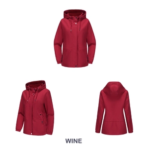 Three-way view of wine red hooded windbreaker showing front, side, and back details