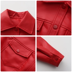 Detailed view of red faux leather jacket featuring button closure and flap pockets
