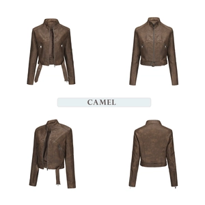 Detailansicht der camel Bikerjacke mit Reißverschlusstaschen und verstellbarem Gürtel