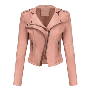 Close-up of pink motorcycle faux leather jacket with silver rivets and asymmetric zipper