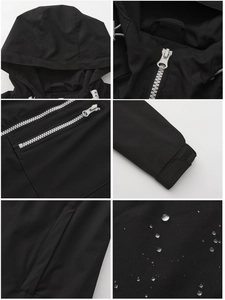 Detailansicht von wasserfestem Stoff, Reißverschlusstaschen und Klettbündchen am Windbreaker