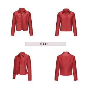 Detailed views of red faux leather jacket with metal studs from four different angles