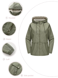 Women's olive green hooded windbreaker jacket with drawstring hood and zipper details