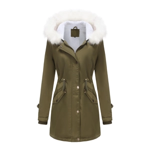 Detail view of winter parka with white faux fur collar and lamb wool lining