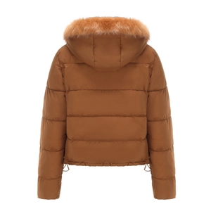 Rear view of brown short padded jacket with luxury faux fur trim hood and quilted design