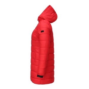 Detailed side view of a red water-resistant hooded parka with quilted texture and logo patch